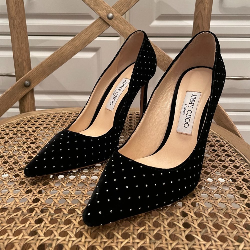 Pristine! Jimmy Choo Romy 100 glitter-dot velvet pumps Size 38